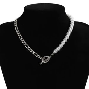Minimalist Silver Tone Toggle Clasp Pearl Chain  Choker Necklace